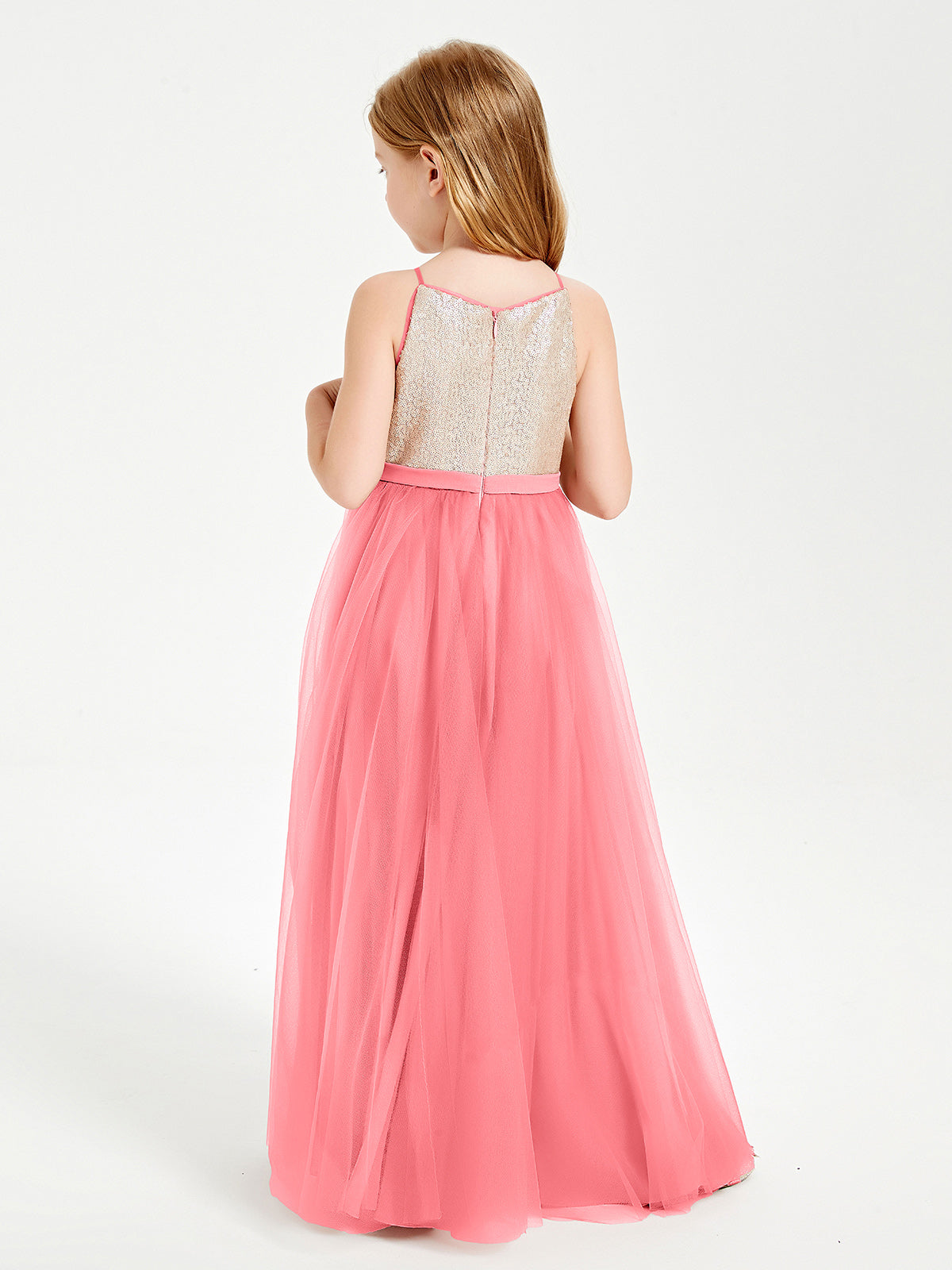 Sequined Top Long Tulle Junior Bridesmaid Gown Watermelon